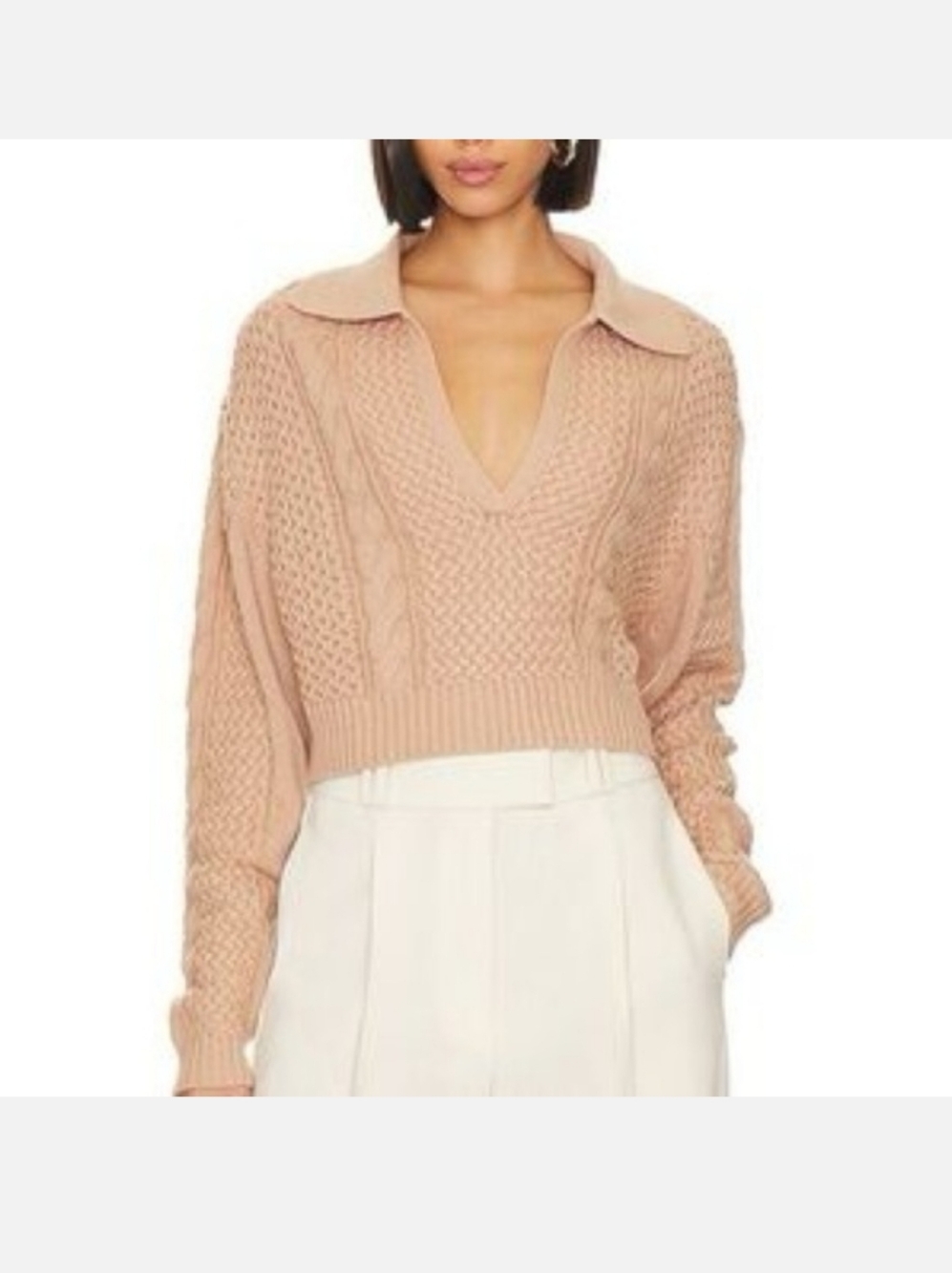JASON WU Collared Cable-Knit V-Neck Fisherman Sweater Camel Brown Womens Small